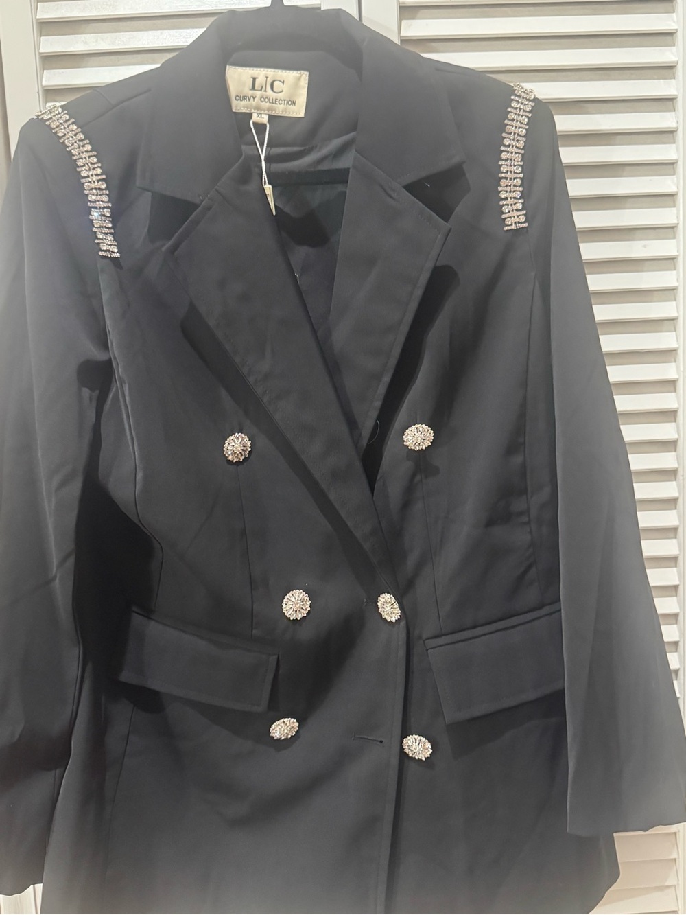 LC Trendz Black Double-Breasted Blazer with Rhinestone Shoulder Detail